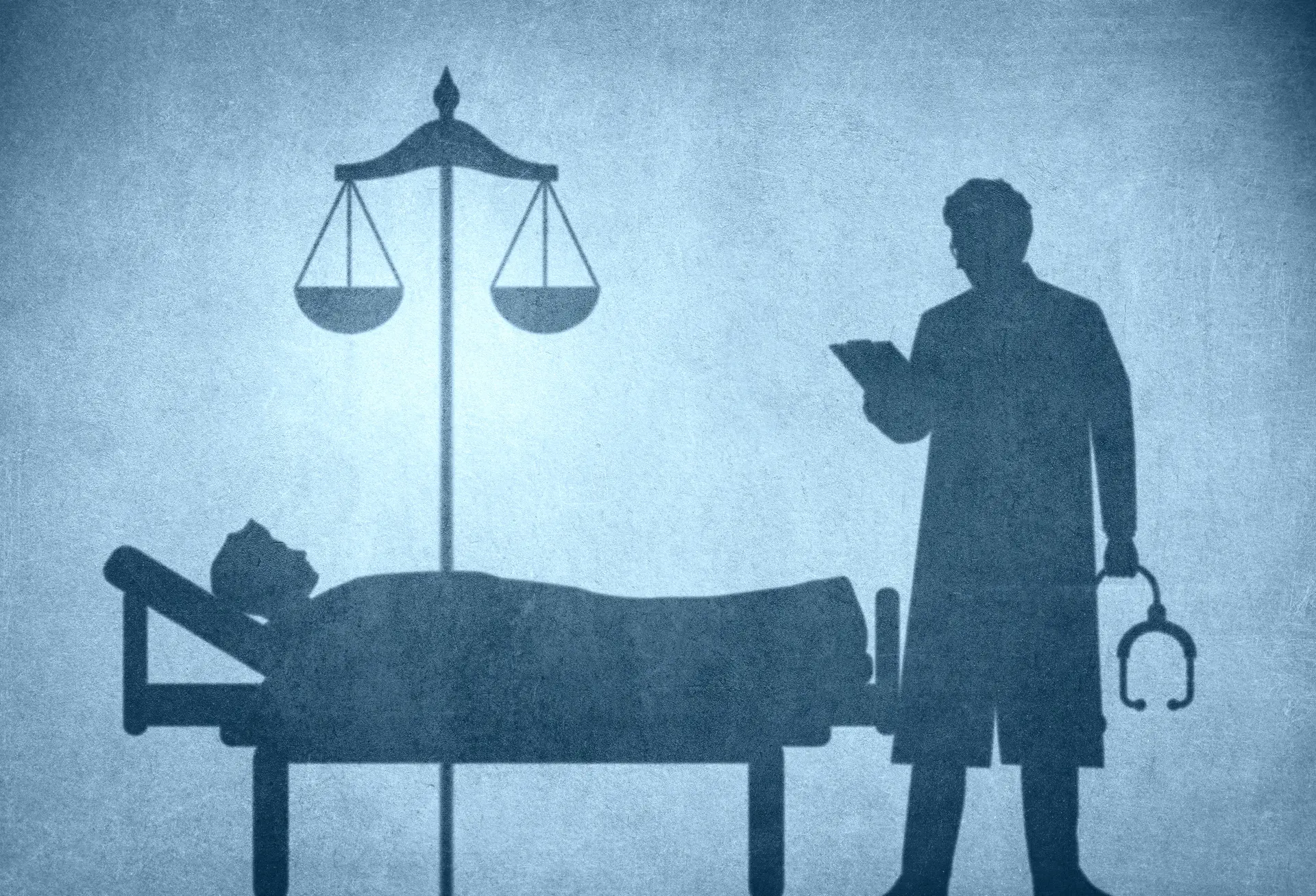 Silhouette of doctor and patient and scales